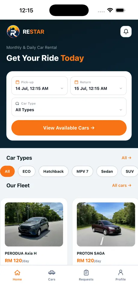 RESTAR mobile app home screen